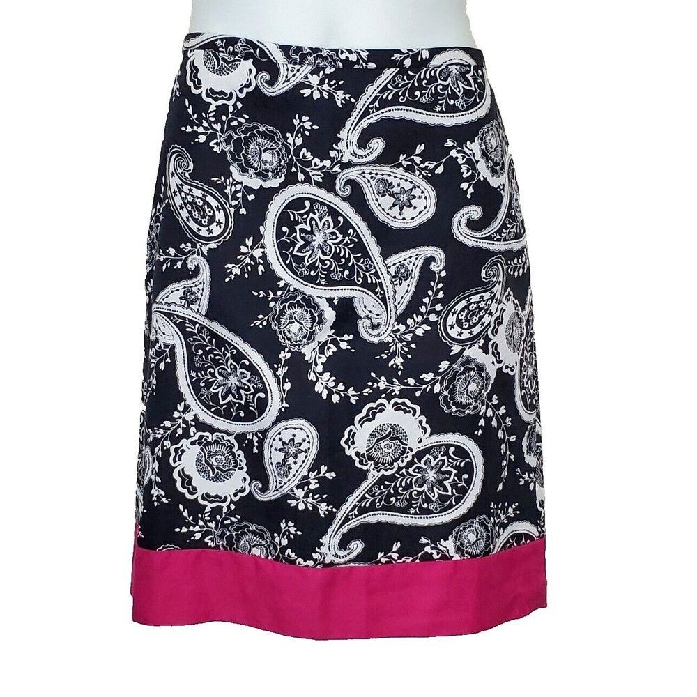 Ann Taylor LOFT Skirt 0 Petite Black White Pink Paisley Silk Blend Lined